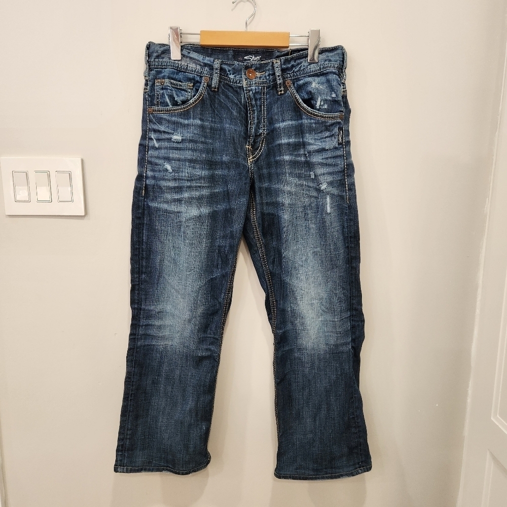 Silver Jeans Mens 30x28* Blue Gordie Selvedge Embroidered Dark Wash Distressed